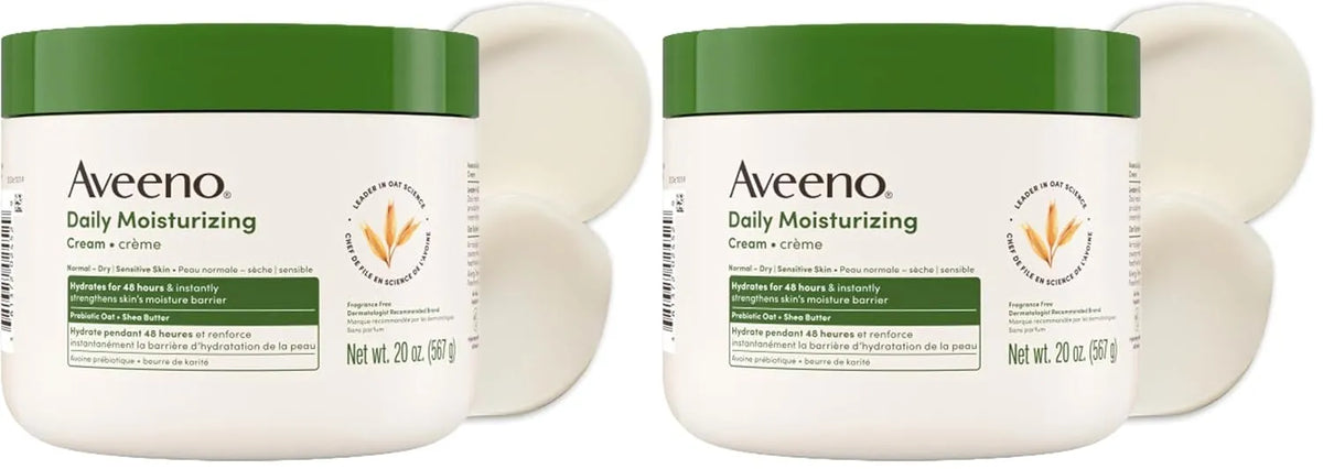 Aveeno Daily Moisturizing Cream with Prebiotic Oat & Shea Butter for Body,Face & Hands Moisturizer Cream,Hydrates Normal to Dry,Sensitive Skin,Fragrance Free,Non-Comedogenic,20 oz,(Pack of 2)