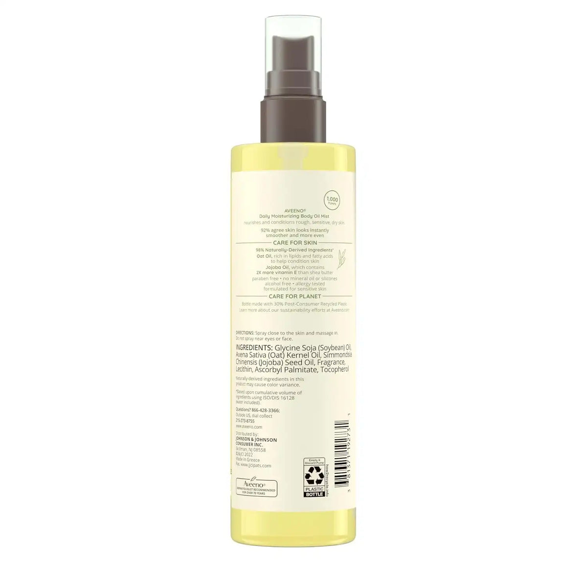 Aveeno Daily Moisturizing Body Oil Mist with Oat & Jojoba Oil for Dry Sensitive Skin,Nourishing Body Spray for Smoother Skin,Paraben-,Silicone- & Alcohol-Free,6.7 fl. oz,(Pack of 4)